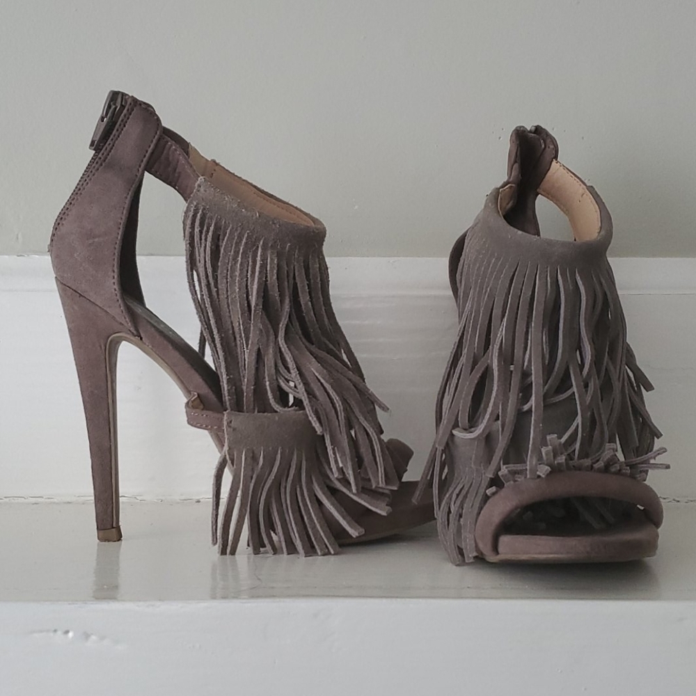 Pewter Brown Fringe Suede Heels